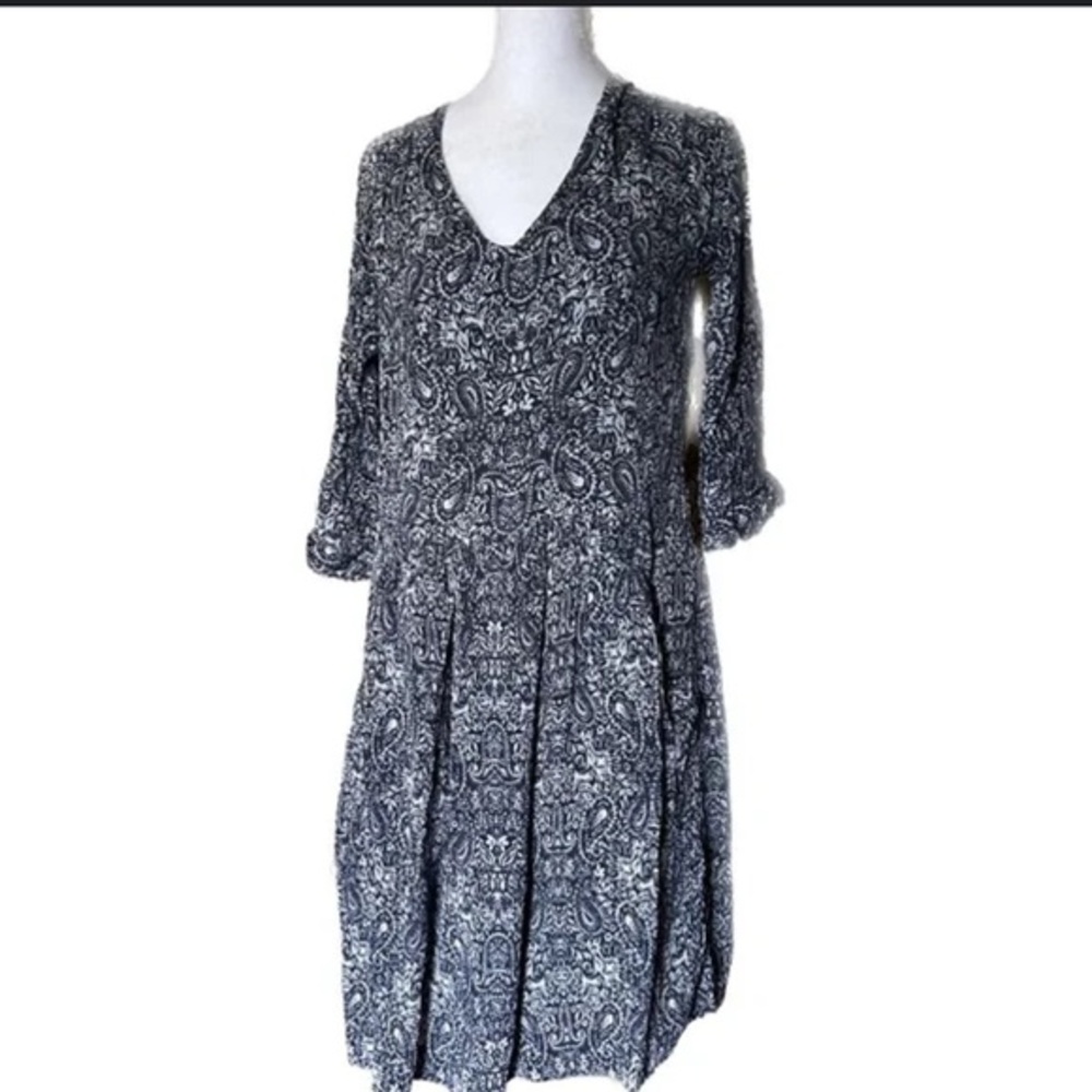 Garnet Hill Womens 3/4 Sleeve Shift Dress Size  06 Blue White Paisley Pockets